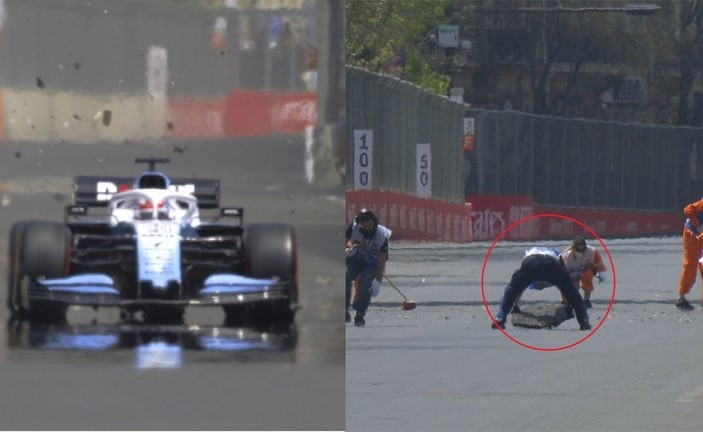 بالفيديو..غطاء "بالوعة" يحطم سيارة في تجارب بطولة العالم للفورمولا1