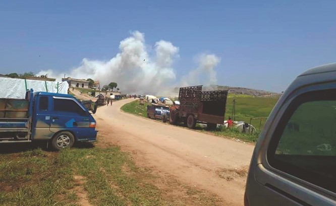صورة نشرتها شبكة شام للحظة استهداف نقطة المراقبة التركية في شير مغار(انترنت)﻿