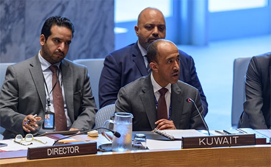 بدر المنيخ خلال إلقائه كلمة الكويت في مجلس الأمن