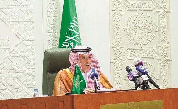وزير الدولة للشؤون الخارجية السعودي عادل الجبير خلال المؤتمر الصحافي أمس     (واس) ﻿