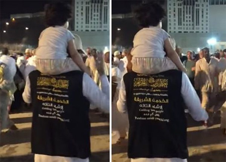 بالفيديو.. في لفته إنسانية.. شاب يحمل طفلة تائهة بالحرم المكي على كتفه