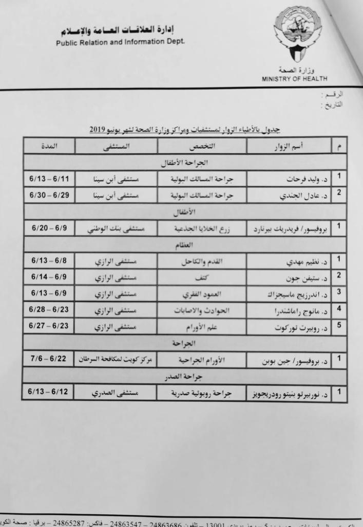 "الصحة" تعلن عن جدول الأطباء الزوار خلال يونيو