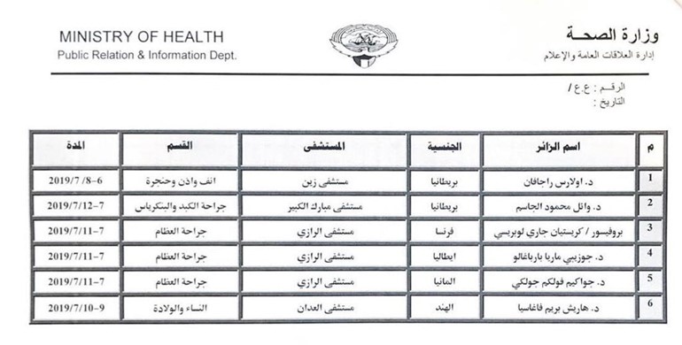 الصحة تعلن عن الاطباء الزوار لمستشفيات الوزارة خلال شهر يوليو