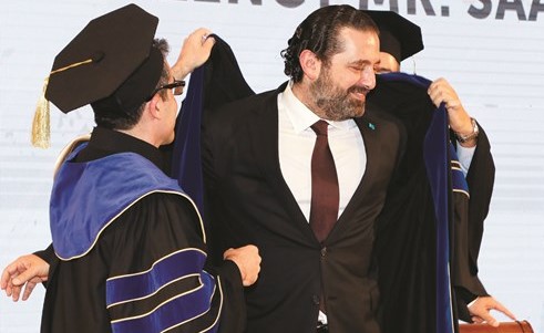 رئيس مجلس الوزراء سعد الحريري خلال منحه الدكتوراه الفخرية بجامعة الروح القدس –الكسليك (محمود الطويل)﻿