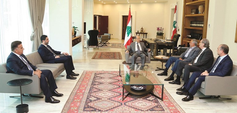الرئيس ميشال عون مستقبلا رئيس الحزب الديموقراطي النائب طلال أرسلان والوزراء صالح الغريب وسليم جريصاتي والياس بو صعب والمدير العام للأمن العام اللواء عباس ابراهيم 	‎(محمود الطويل)﻿