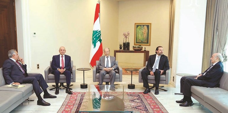 الرؤساء العمـاد ميشال عــون ونبيه بري وسعد الحريري خلال لقاء المصالحــة في بعبـدا بين زعيم الحزب التقدمي الاشتراكي وليــد جنبــلاط ورئيــس الحزب الديمقــراطي اللبنــاني النائب طلال ارسلان	(محمود الطويل) ﻿