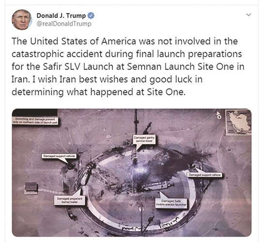 صورة لتغريدة ترامب التي ارفقها بصورة موقع الاطلاق الفاشل للصاروخ الإيراني	(أ.ف.پ)﻿