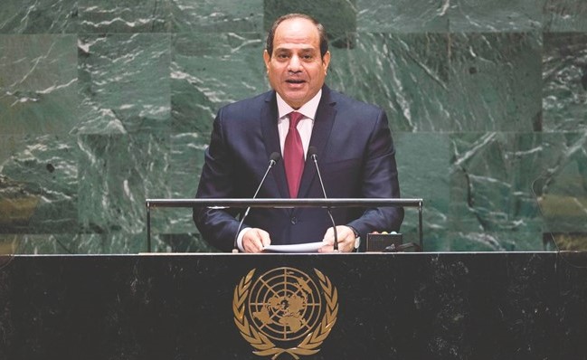 الرئيس المصري عبد الفتاح السيسي يلقي كلمته خلال الدورة 74 للجمعية العامة للأمم المتحدة امس	(أ. ف. پ)﻿
