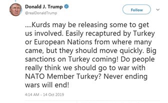 ﻿احدى تغريدات دونالد ترامب حول الأكراد وتركيا﻿