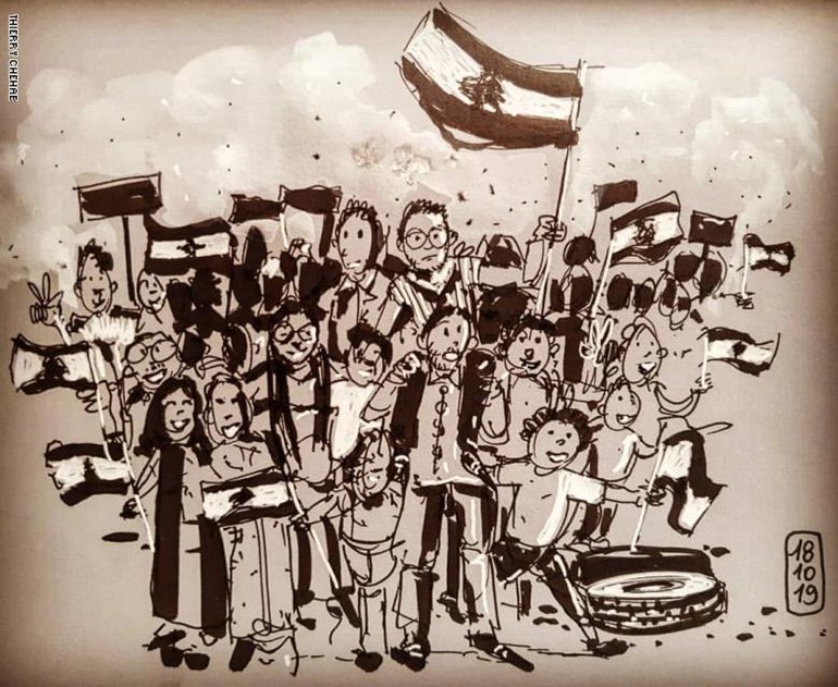  رسمة تجسد الفئات المختلفة من الشعب اللبناني التي اتحدت تحت علم لبنان خلال المظاهرات اللبنانية