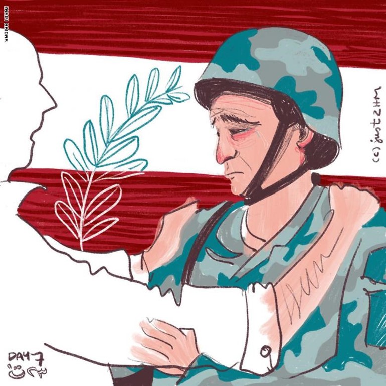  تصميم يجسد لحظة بكاء جندي من الجيش اللبناني خلال التظاهرت اللبنانية ومواساة أحد المتظاهرين له