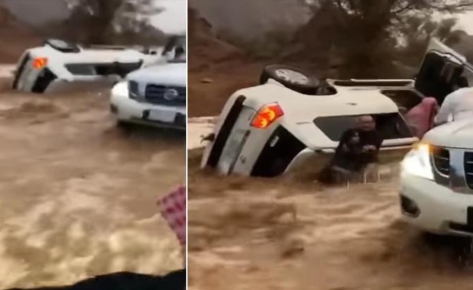 بالفيديو .. شابان يخترقان السيول بحائل لإنقاذ عائلة انقلبت مركبتهم وهم بداخلها