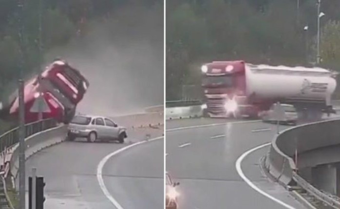 بالفيديو.. شاحنة ضخمة تسقط بطريقة مروعة من أعلى جسر.. ووفاة سائقها في الحال