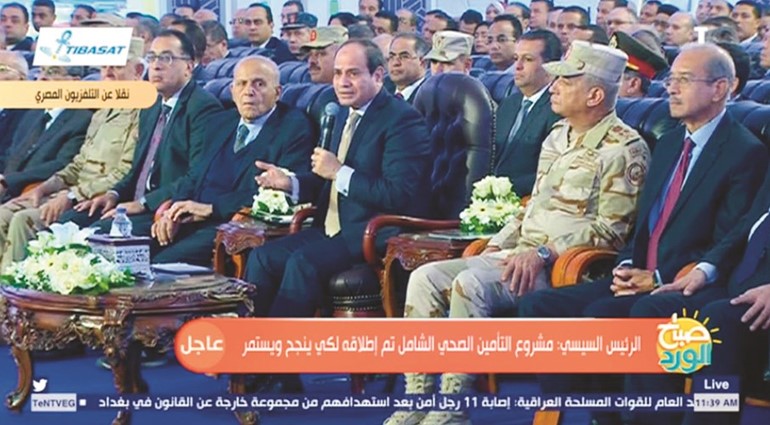 صورة تلفزيونية للرئيس المصري عبدالفتاح السيسي خلال افتتاحه امس عددا من المشروعات القومية بمحافظة بورسعيد﻿