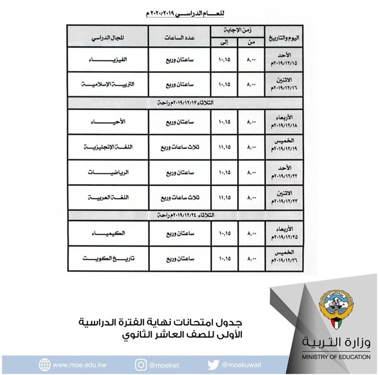 "التربية" تعتمد جداول امتحانات الفترة الدراسية الأولى لطلاب الثانوية