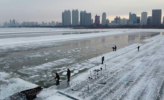 عمال يتحدون الصقيع لاستخراج مكعبات ستستخدم في أكبر مهرجان جليدي صيني