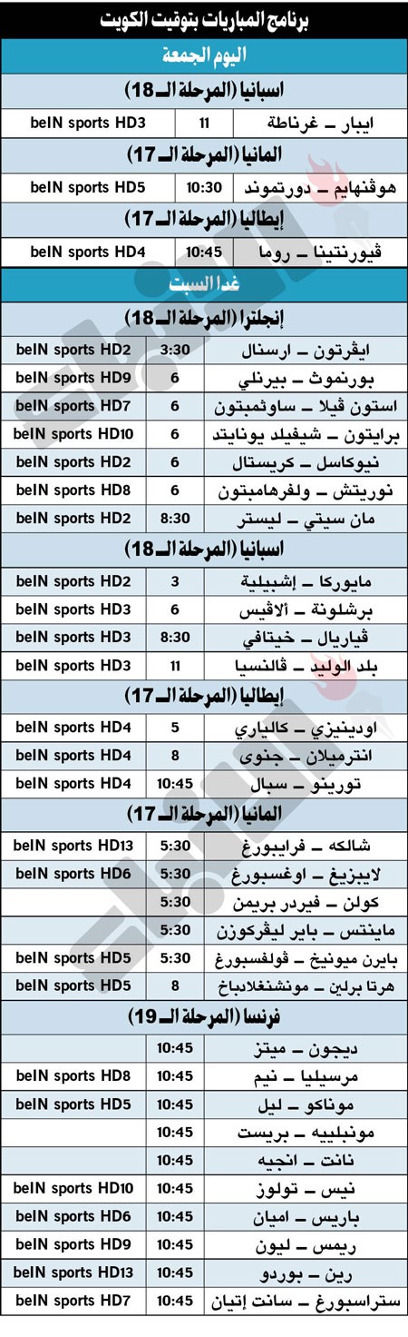 جدول مباريات اليوم