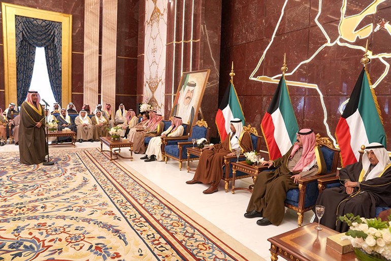 وزير الخارجية متحدثا خلال حفل الاستقبال