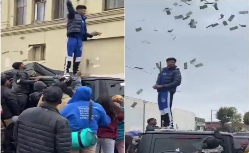 بالفيديو.. مغني راب أمريكي يقف فوق سيارته ويلقي الأموال على الفقراء في لوس أنجلوس