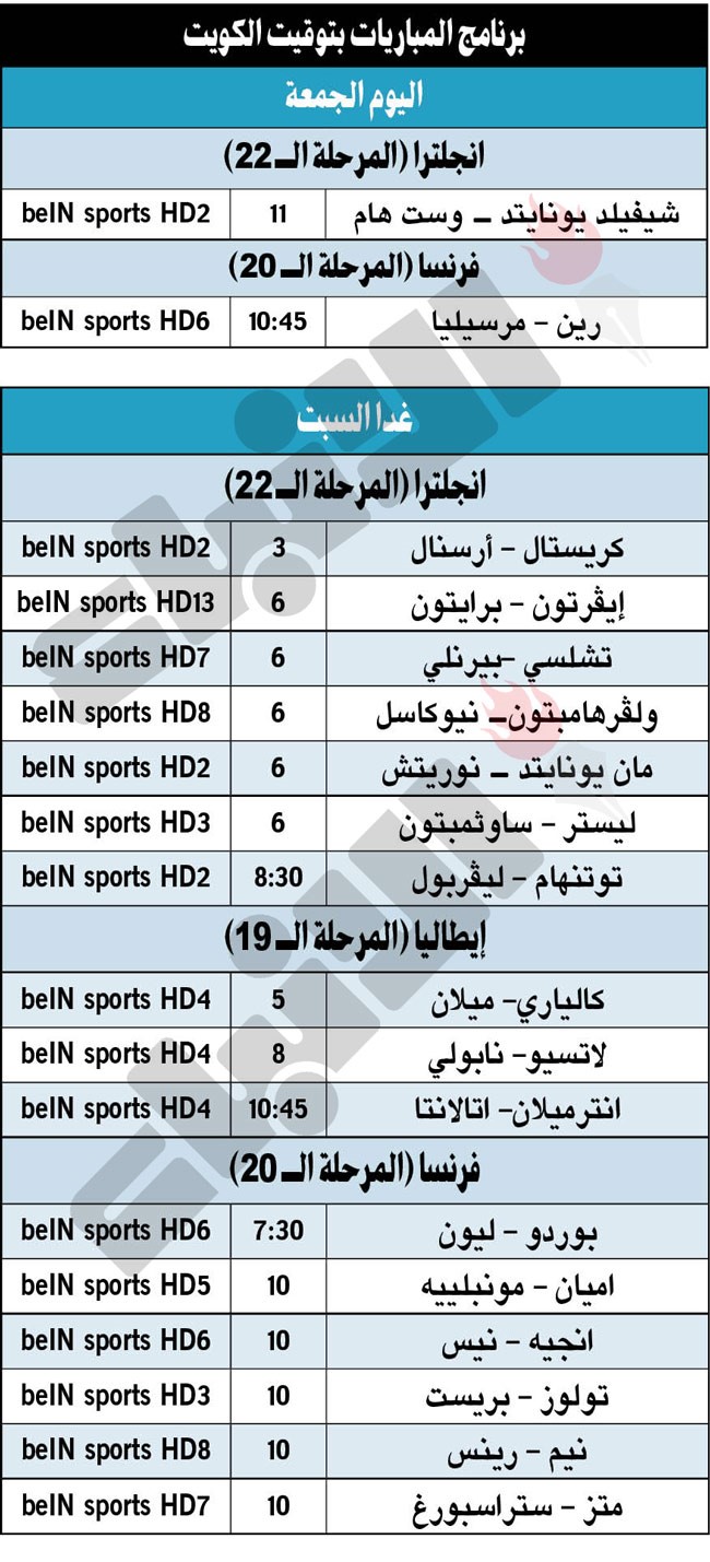 جدول مباريات اليوم