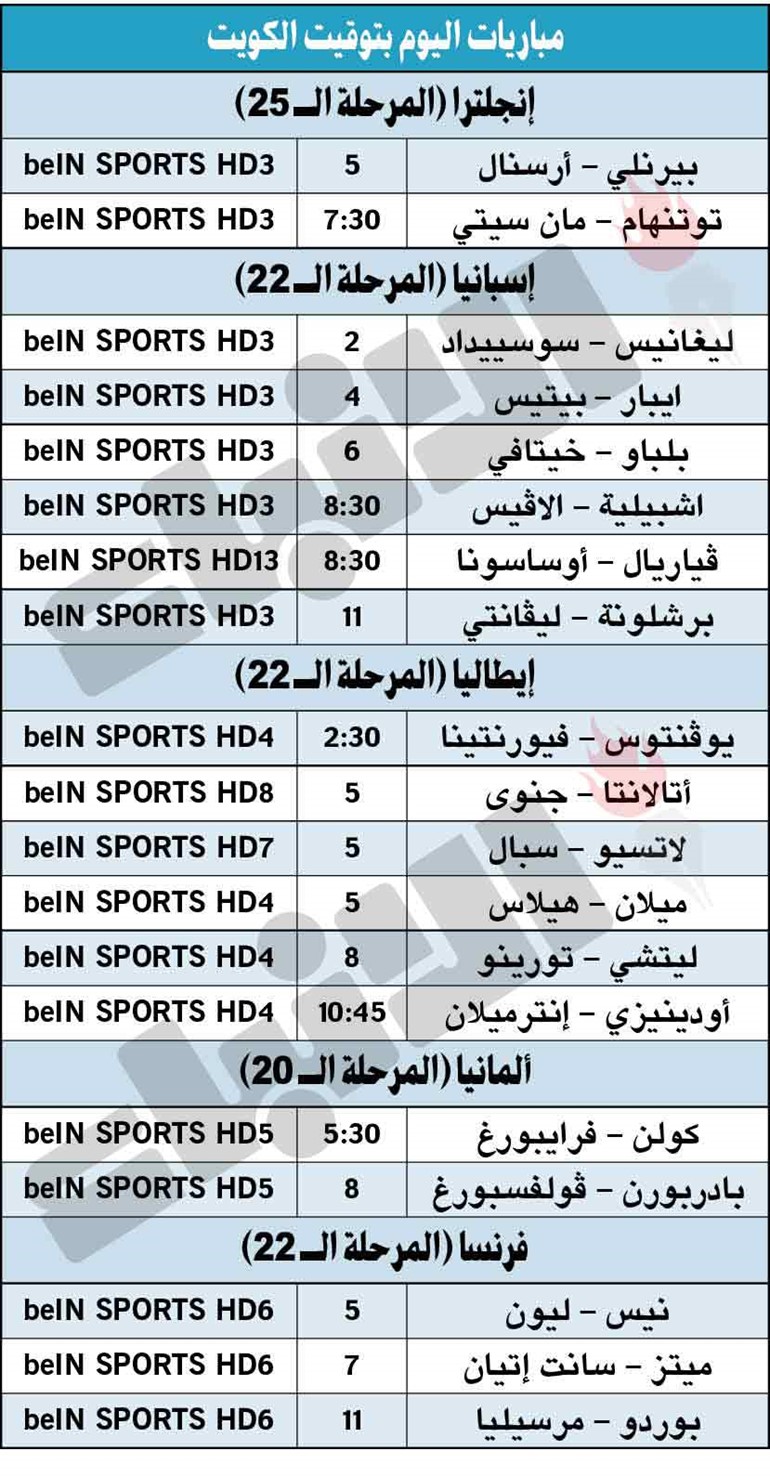 جدول مباريات اليوم
