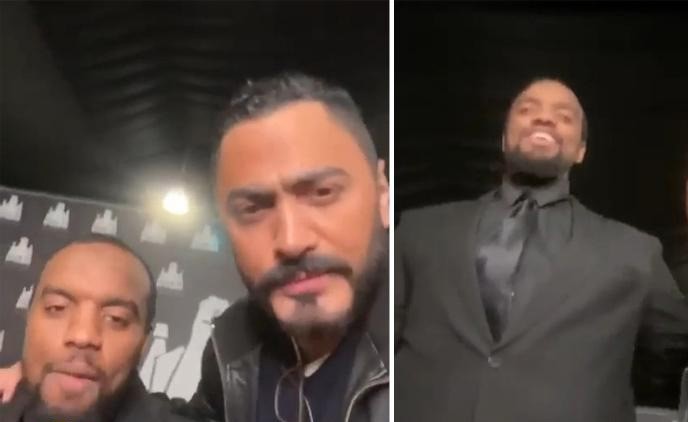 بالفيديو.. تامر حسني يوثق فيديو طريف مع أطول فرد أمن سعودي