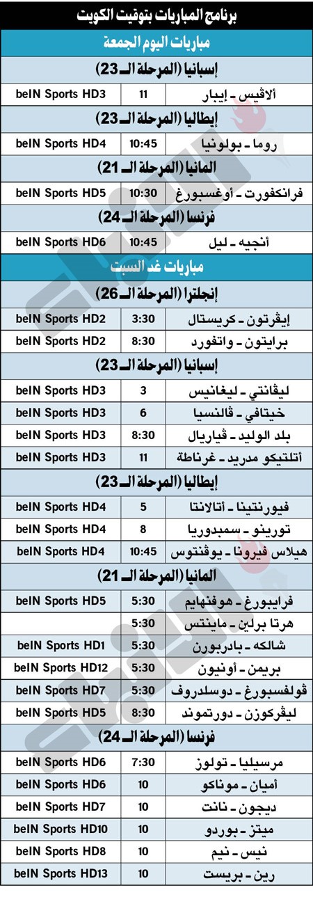جدول مباريات اليوم