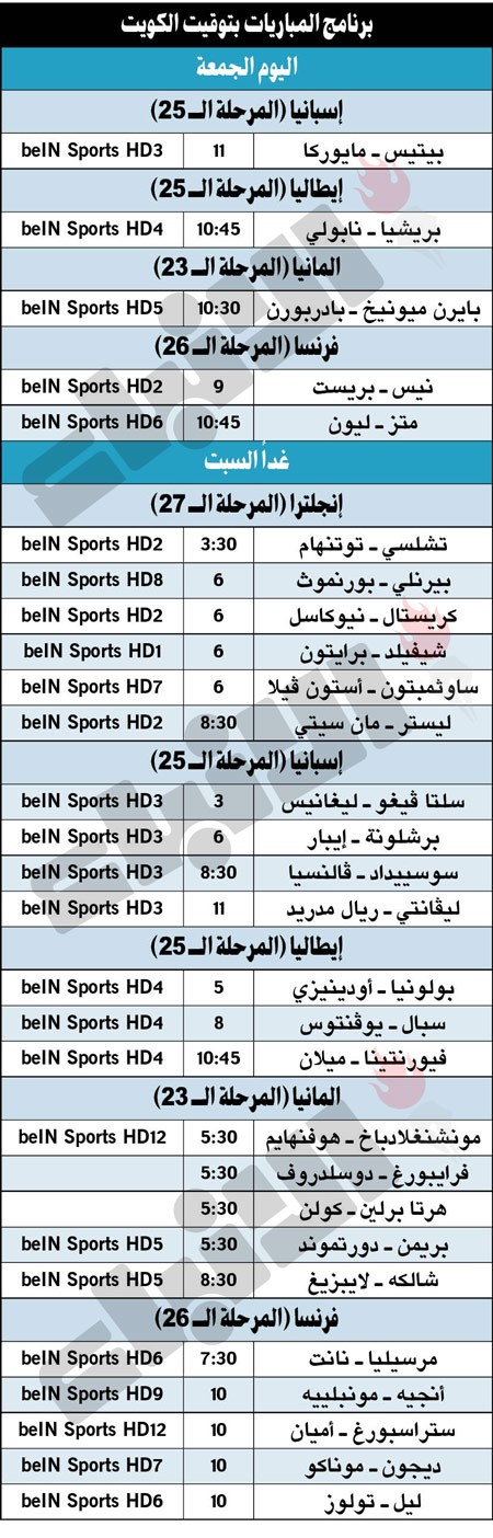 جدول مباريات اليوم