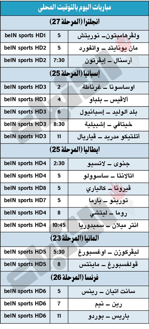 جدول مباريات اليوم