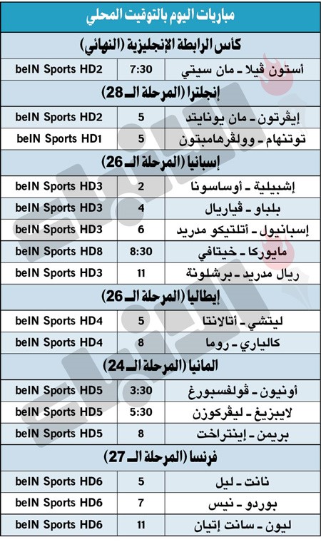 جدول مباريات اليوم