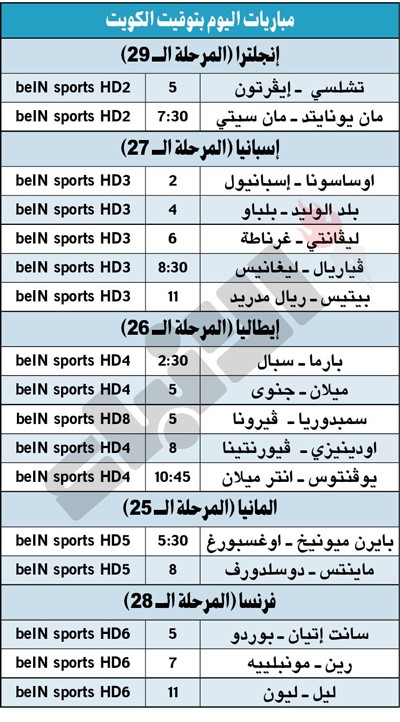جدول مباريات اليوم