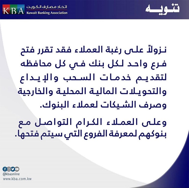 «مصارف الكويت»: فتح فرع واحد لكل بنك في كل محافظة