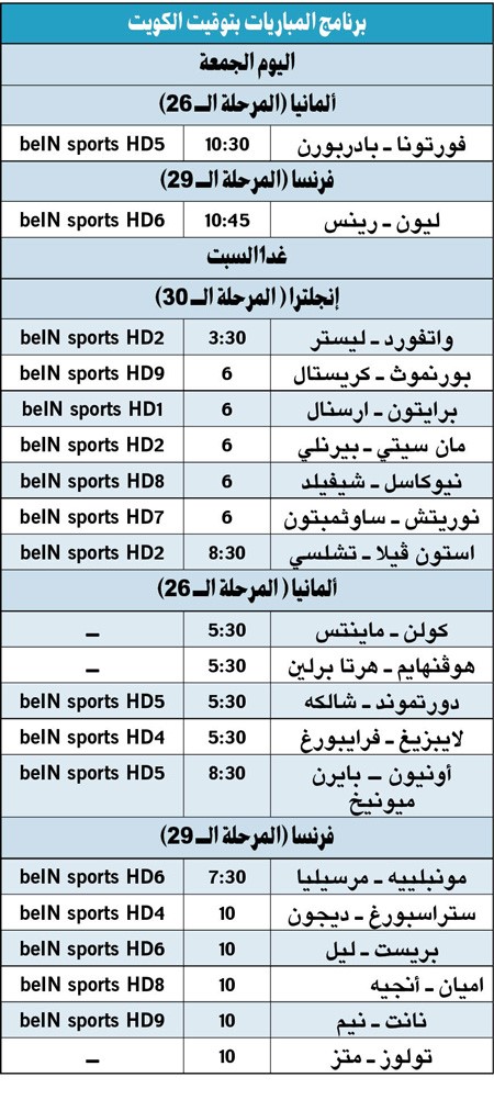 جدول مباريات اليوم