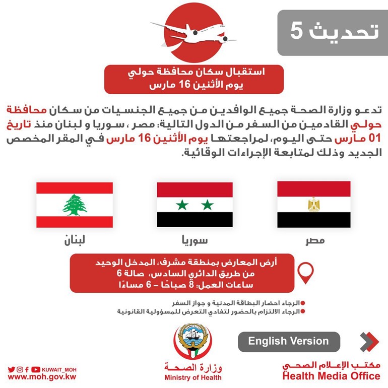 "الصحة" تدعو المقيمين سكان محافظة حولي القادمين من السفر من مصر وسورية ولبنان منذ 1 مارس الماضي إلى مراجعتها غداً