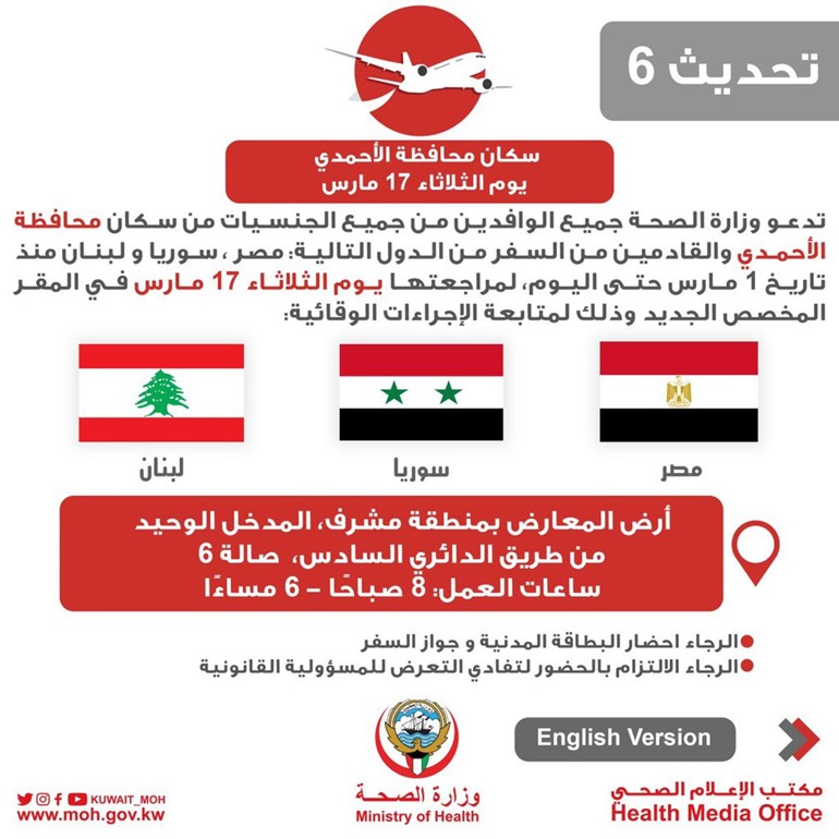 "الصحة": استقبال المقيمين من سكان محافظة الأحمدي القادمين من مصر وسورية ولبنان غداً الثلاثاء