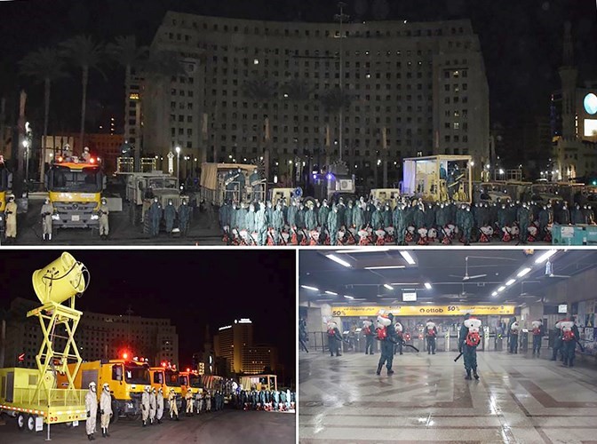 جانب من تعقيم القوات المسلحة لمجمع التحرير ومترو الأنفاق