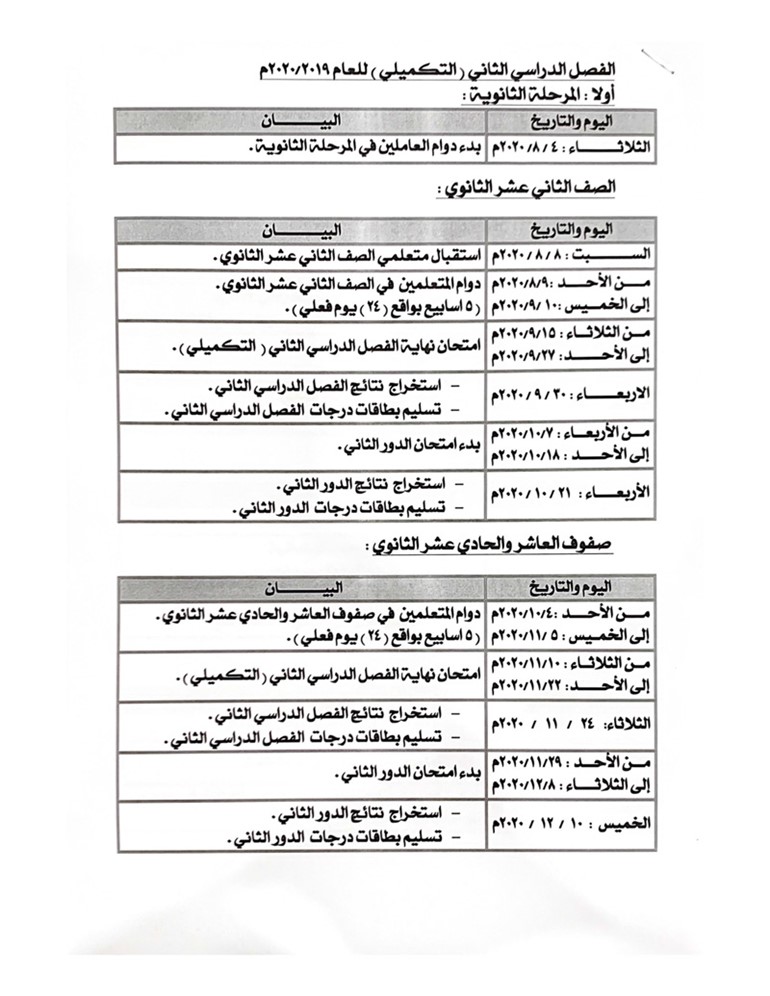 "الأنباء" تنشر المسودة المقترحة للتقويم الدراسي التكميلي 2019 - 2020 والتي قد تجري عليها بعض التعديلات لدى اعتمادها نهائياً