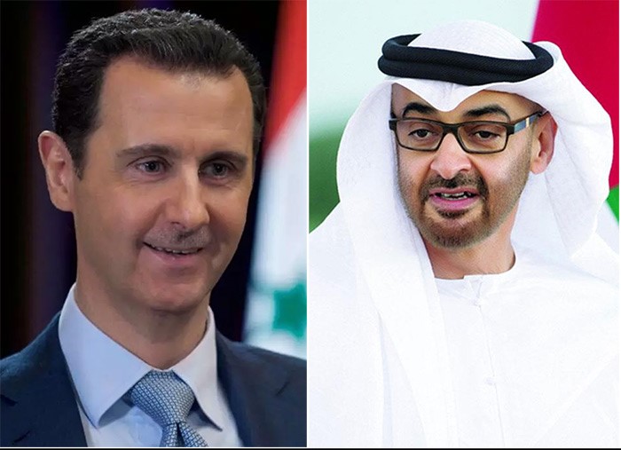 ولي عهد أبوظبي الشيخ محمد بن زايد يؤكد في اتصال هاتفي مع الرئيس السوري بشار الأسد دعم الإمارات للشعب السوري في هذه الظروف الاستثنائية