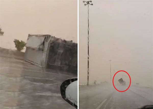 بالفيديو.. بسبب الرياح الشديدة .. شاهد لحظة انقلاب شاحنة عملاقة في السعودية
