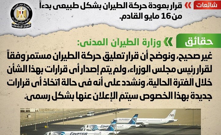 القاهرة تنفي عودة الطيران بشكل طبيعي بدءاً من 16 مايو