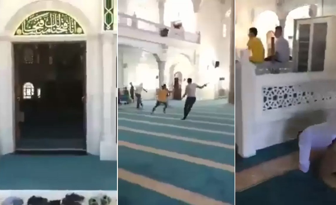 بالفيديو.. أشخاص يلعبون كرة القدم بأحذيتهم داخل مسجد بإزمير