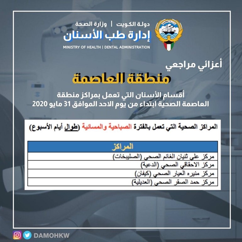 مراكز طب الأسنان العاملة ابتداءً من غدٍ الأحد