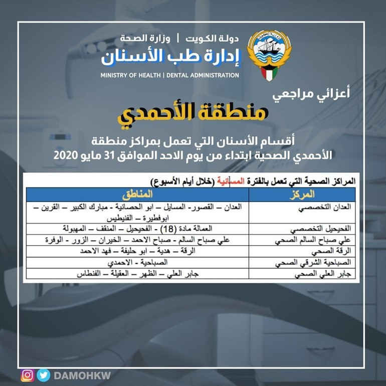 مراكز طب الأسنان العاملة ابتداءً من غدٍ الأحد
