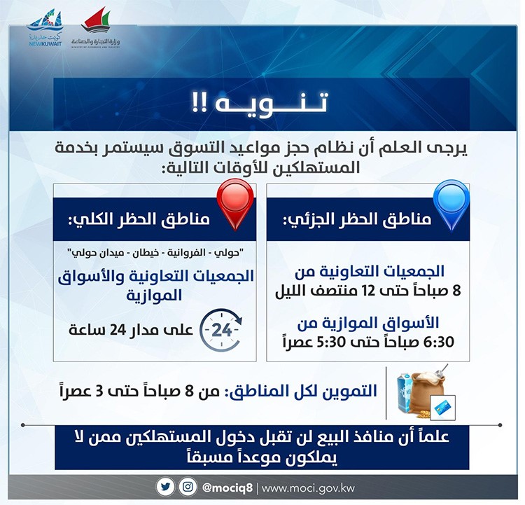 «التجارة» : نظام حجز المواعيد في الجمعيات التعاونية والأسواق الموازية سيستمر في خدمة المستهلكين بمناطق الحظر الكلي والجزئي