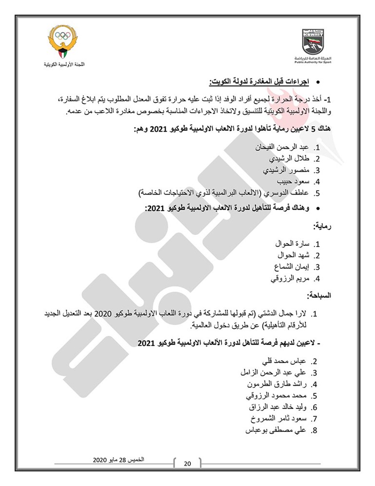 اللجنة الثلاثية تعلن رسمياً مواعيد وبرنامج عودة النشاط الرياضي للألعاب الفردية والجماعية وتحدد اللوائح الصحية الواجب اتباعها ومراعاتها قبل الدخول في التدريبات