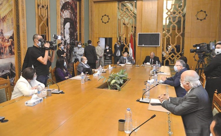 وزير الخارجية المصري سامح شكري خلال مشاركته في ندوة الديبلوماسية المصرية التعامل مع التحديات الراهنة