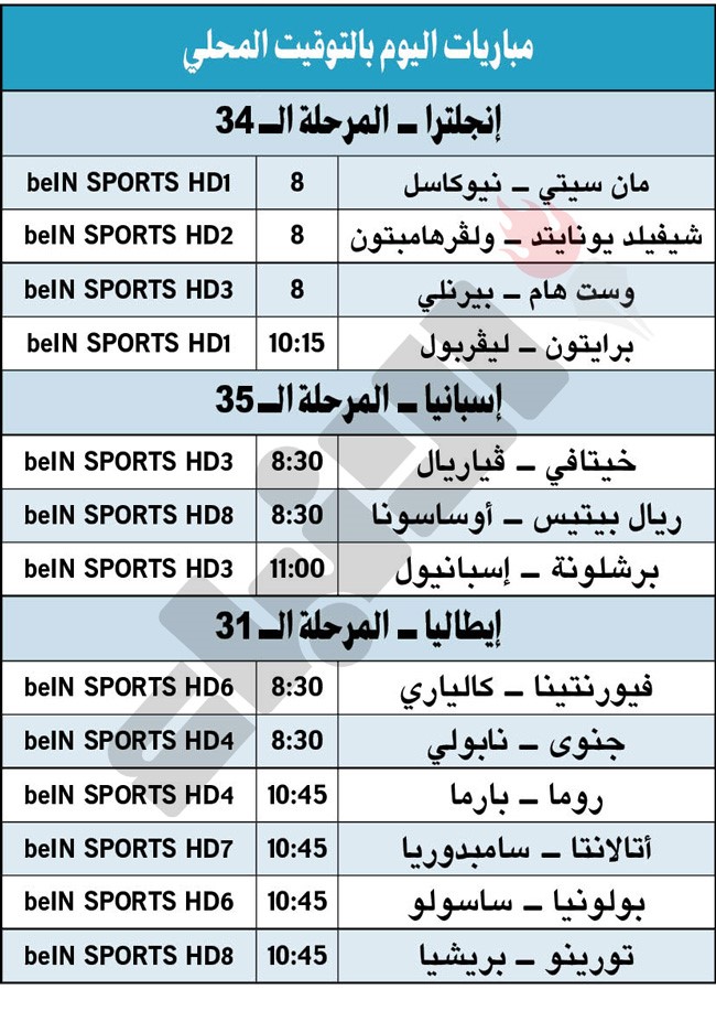 جدول مباريات اليوم