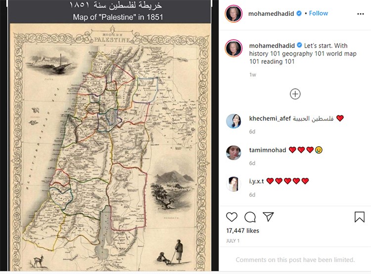 بيلا حديد تهاجم انستغرام بعد حذفه منشورا يظهر فلسطين  مسقط رأس والدها