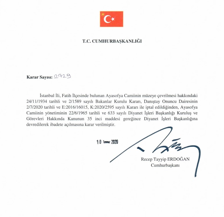 أردوغان يوقع قراراً بتحويل متحف آيا صوفيا إلى مسجد للصلاة.. الكنيسة الأرثوذكسية تأسف.. واليونان: استفزاز للعالم المتحضر