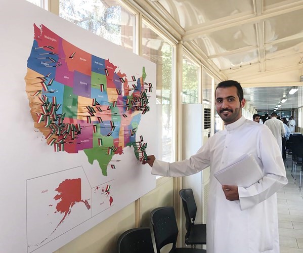 الخارطة تبين توزيع الطلاب الكويتيين في الجامعات الأميركية على امتداد الولايات